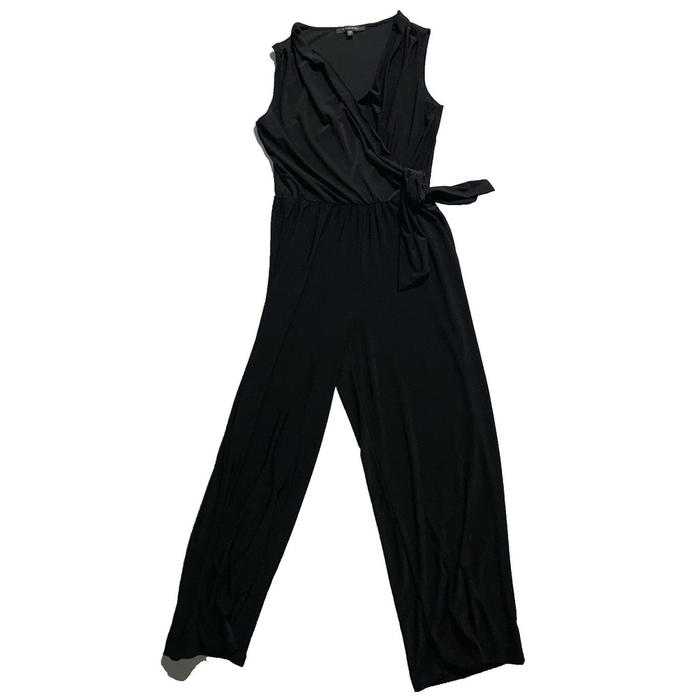 Tahari Black Sleeveless V-Neck Tie Waist Straight Leg Jumpsuit Women's Size S